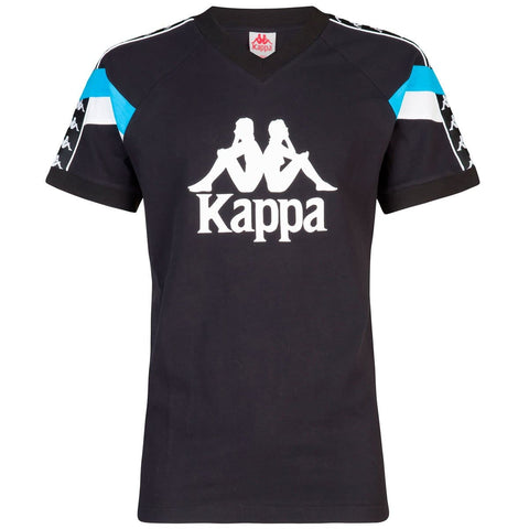 Kappa Authentic Football Edwin T-Shirt em preto, branco e azul turkis. Foto de frente.