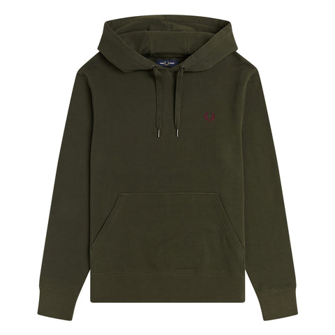 Fred Perry Embroidered Hooded Sweatshirt Hunting Green. Foto de frente.